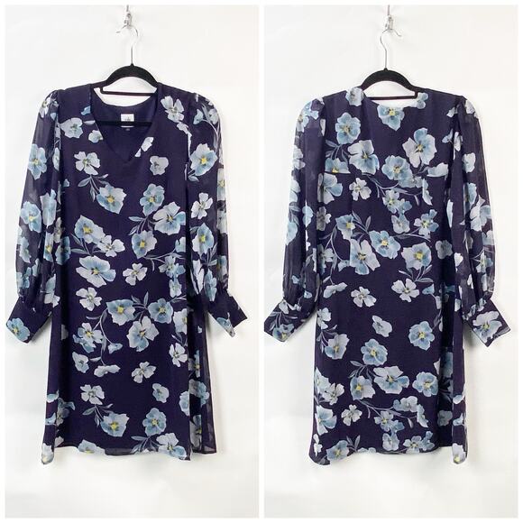 CAbi Medium Womens Purple Royal Floral Print Ellery Long Sleeve Midi Dress - Picture 1 of 6
